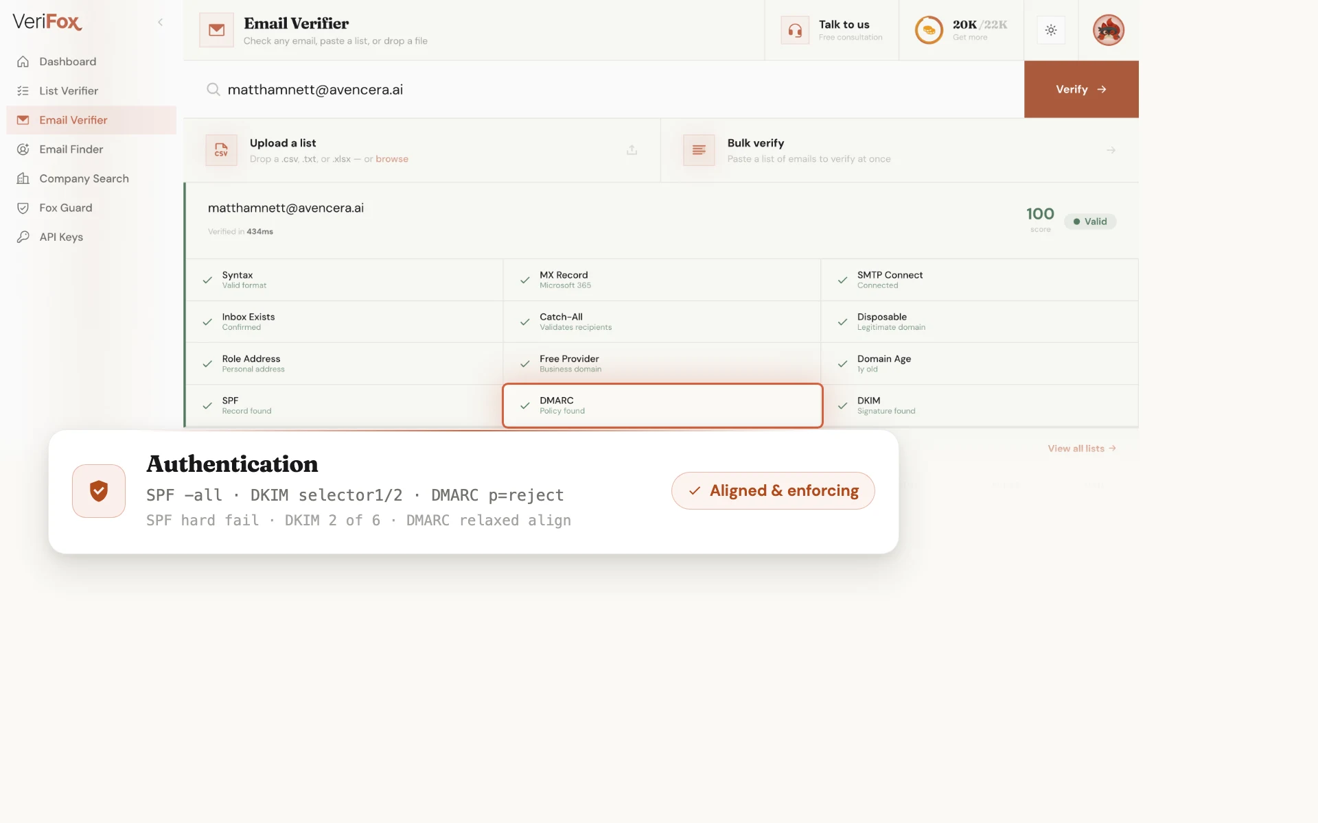 The Verifox dashboard verifying matthamnett@avencera.ai: the DMARC tile is ringed in the result board, beside a card showing the real SPF include, DKIM selector1/selector2 and DMARC p=reject records, verdict “Aligned & enforcing”.