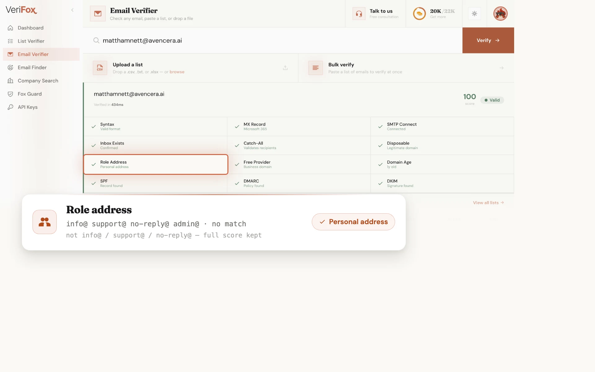 The Verifox dashboard verifying matthamnett@avencera.ai: the Role Address tile is ringed in the result board, beside a card matching the local-part matthamnett against the info@ / support@ / no-reply@ / admin@ role registry with no match, verdict “Personal address”.