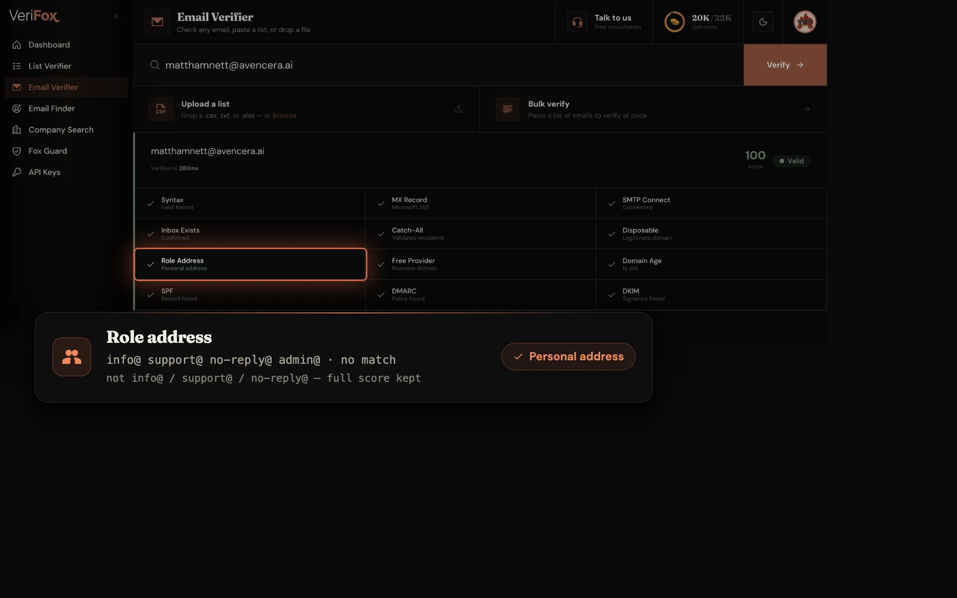 The Verifox dashboard verifying matthamnett@avencera.ai: the Role Address tile is ringed in the result board, beside a card matching the local-part matthamnett against the info@ / support@ / no-reply@ / admin@ role registry with no match, verdict “Personal address”.