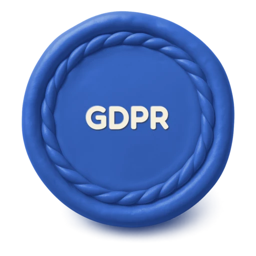 Claymation Japanese hanko seal in cobalt-blue clay with a twisted shimenawa rope rim, the word GDPR embossed in cream clay on its face.