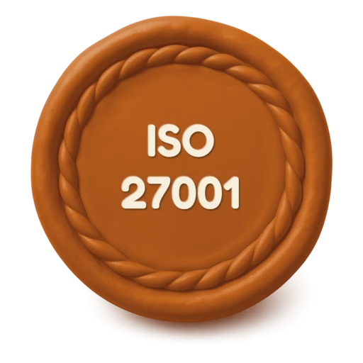 Claymation Japanese hanko seal in terracotta clay with a twisted shimenawa rope rim, the text ISO 27001 embossed in cream clay on its face.