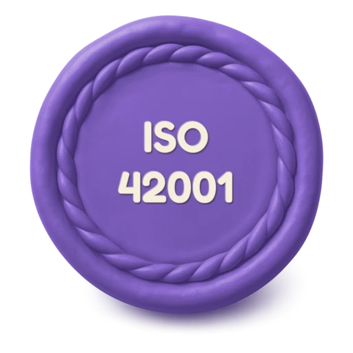 Claymation Japanese hanko seal in lilac-purple clay with a twisted shimenawa rope rim, the text ISO 42001 embossed in cream clay on its face.